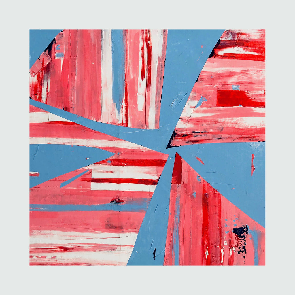 The artwork 'Parasol#3' by Shira Toren features geometric abstract shapes in coral pink and sky blue, created with textured Venetian plaster and acrylic on canvas. Dynamic angular forms intersect across the composition, with bold brushstrokes creating a sense of movement and depth through contrasting colors and layered textures.