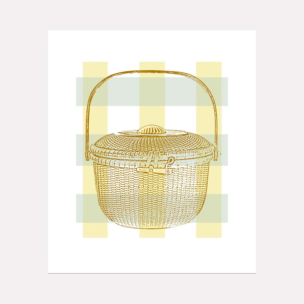 The artwork 'Lightship Series 1 - Patsy's Basket' by Lauder Bowden features a detailed illustration of a traditional Nantucket basket in golden hues against a soft yellow and mint checkered background. The woven rattan basket displays intricate weaving patterns, a domed lid, and an arched handle, rendered in a minimalist, elegant style as a giclee print on archival paper.