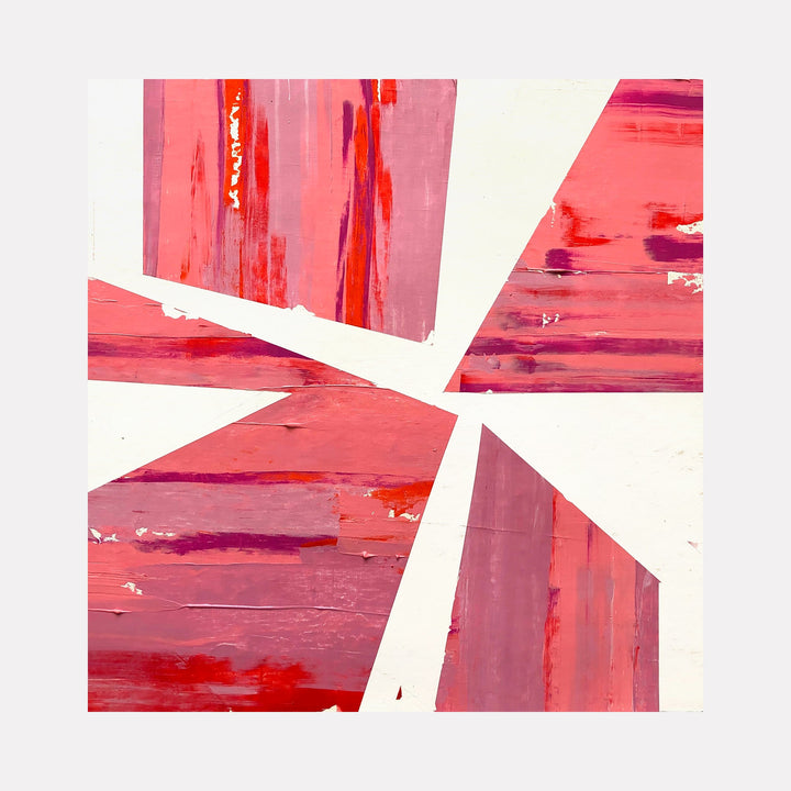 The artwork 'Parasol #2' by Shira Toren features geometric white sections intersecting across a vibrant coral and red background. The abstract composition showcases textural Venetian plaster with graphite strokes on canvas, creating dynamic angular segments with varying shades of pink and burgundy, displaying a modern minimalist aesthetic. By Shira Toren.