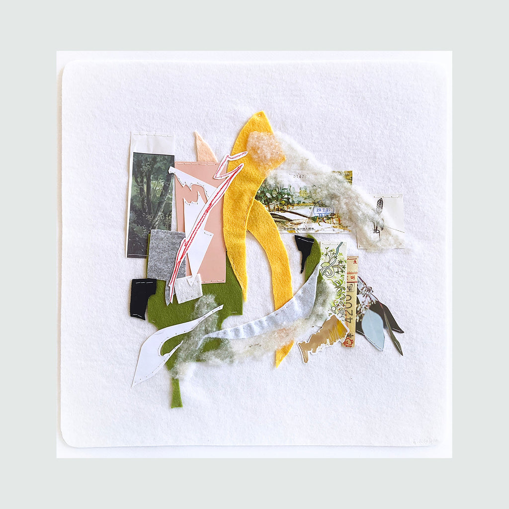The artwork 'Park' by Linden Eller features an abstract collage composition combining torn photographs and paper elements in yellow, pink, and green hues. Hand-sewn onto white felt, the piece incorporates landscape imagery with geometric shapes, creating a dynamic layered effect. The 14x14 inch artwork showcases delicate stitching details and textural elements.