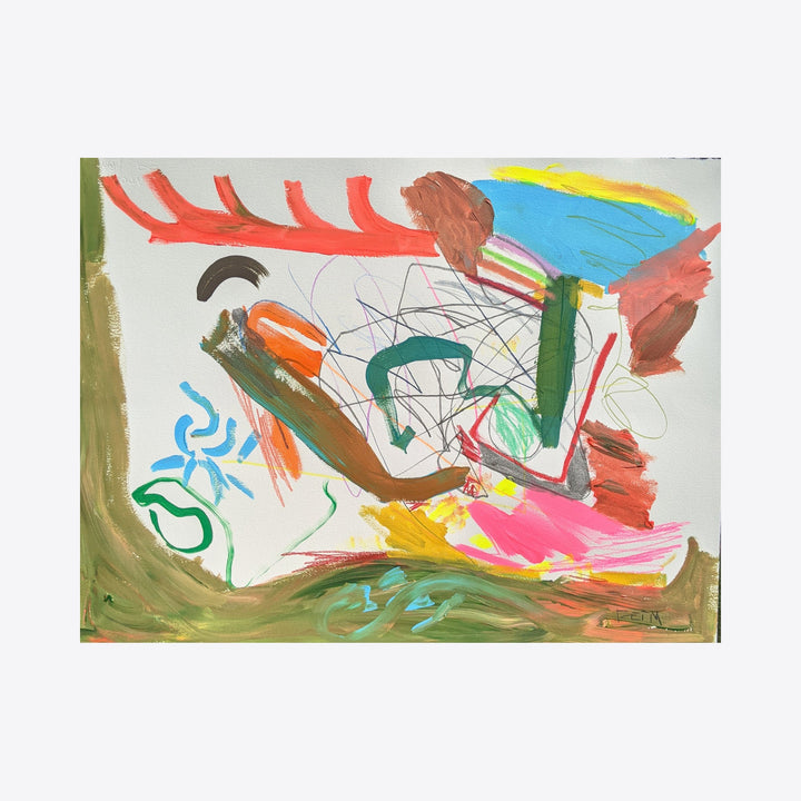 The artwork 'Park' by Joseph Conrad Ferm features vibrant abstract expressionist strokes with dynamic red, blue, yellow, and pink brushwork on watercolor paper. Bold gestural marks interweave with organic shapes, creating a energetic composition balanced with earthy brown tones and delicate line work, measuring 22.5 x 30 inches. Mixed medium painting by Joseph Conrad Ferm.