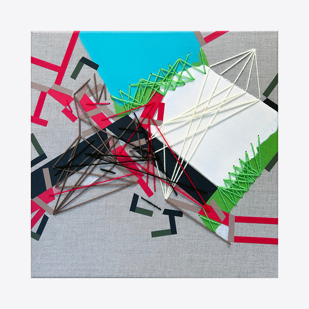 The artwork 'Parrodáán' by Philippe Halaburda features dynamic geometric patterns with intersecting lines in vibrant red, turquoise, and green against a gray canvas. Abstract composition combines angular shapes with string art elements, using yarn and tape to create dimensional layers. Bold black accents and white negative spaces create striking contrast in this contemporary mixed media piece.