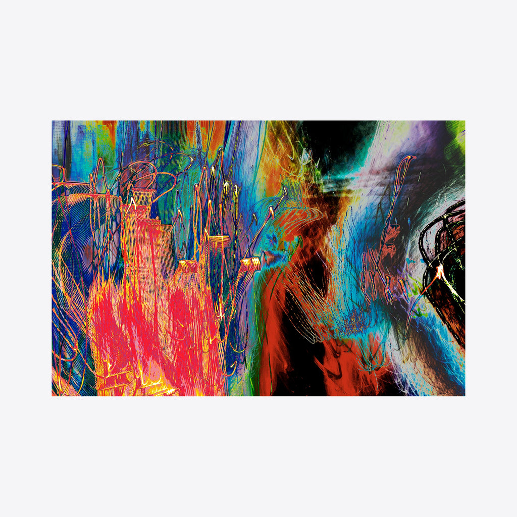 The artwork 'Particle Physics 07' by Chunbum Park features dynamic abstract brushstrokes in vibrant colors, including intense coral red, electric blue, and teal green creating a explosive energy pattern. Bold gestural marks and fluid paint movement suggest cosmic particles in motion, rendered in a contemporary expressionist style on premium giclee print. By Chunbum Park.