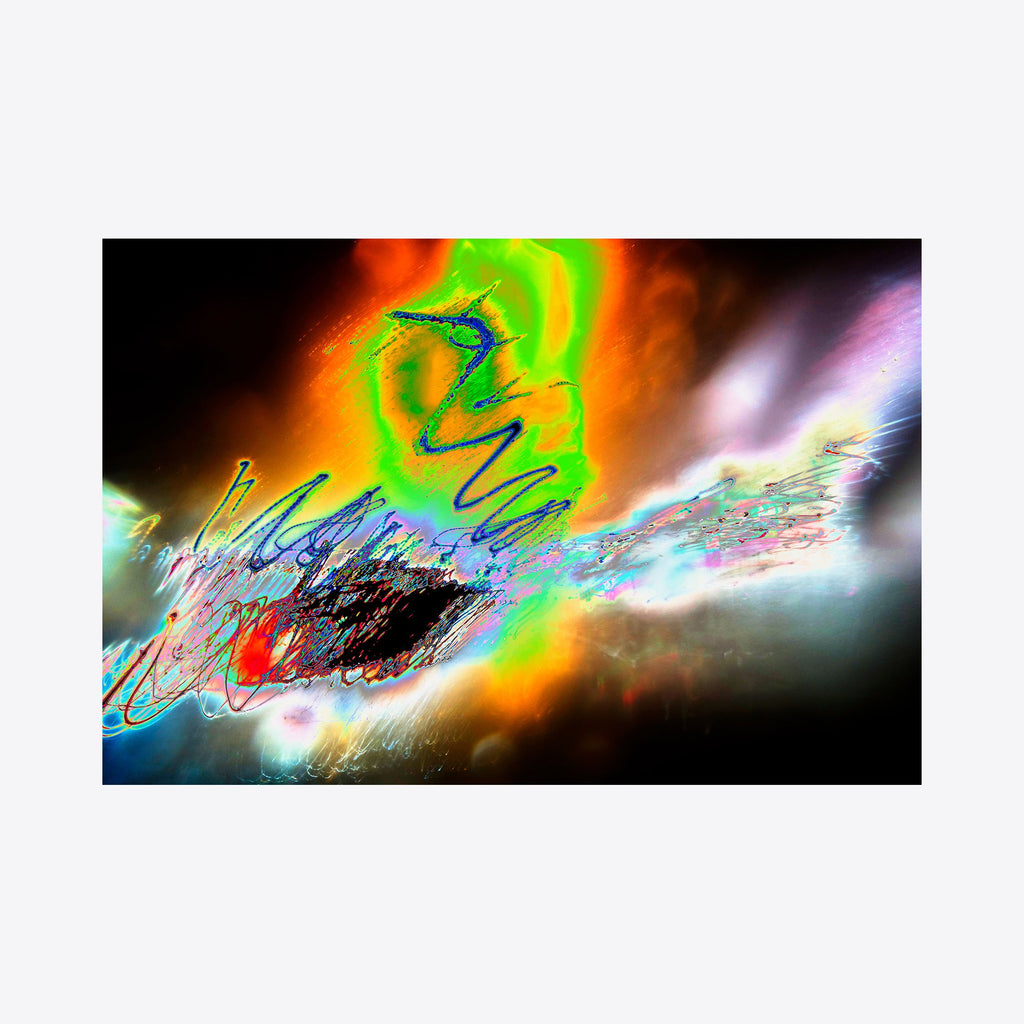 The artwork 'Particle Physics 15' by Chunbum Park features vibrant abstract light patterns with neon green swirls against a dark background, accompanied by dynamic streaks of electric blue, orange, and white light creating a cosmic energy effect. The composition suggests motion and quantum interactions through its luminous wisps and ethereal textures in this giclee print.