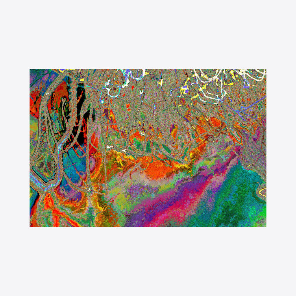 The artwork 'Particle Physics 18' by Chunbum Park features vibrant abstract swirls resembling fluid dynamics, with striking orange, turquoise, purple, and emerald green hues. The composition suggests molecular movement with organic flowing patterns and marbled textures, creating a dynamic interplay of colors reminiscent of scientific visualization art. - by Chunbum Park