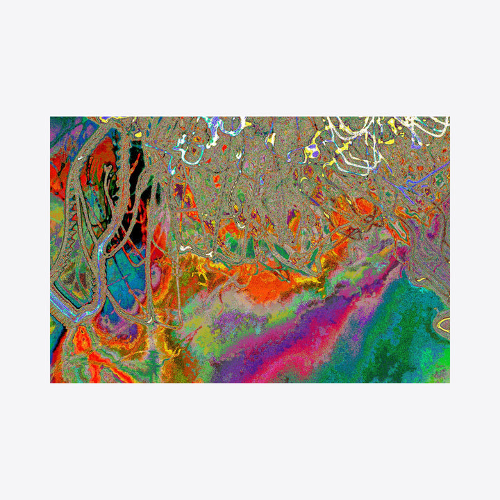 The artwork 'Particle Physics 18' by Chunbum Park features vibrant abstract swirls resembling fluid dynamics, with striking orange, turquoise, purple, and emerald green hues. The composition suggests molecular movement with organic flowing patterns and marbled textures, creating a dynamic interplay of colors reminiscent of scientific visualization art. - by Chunbum Park