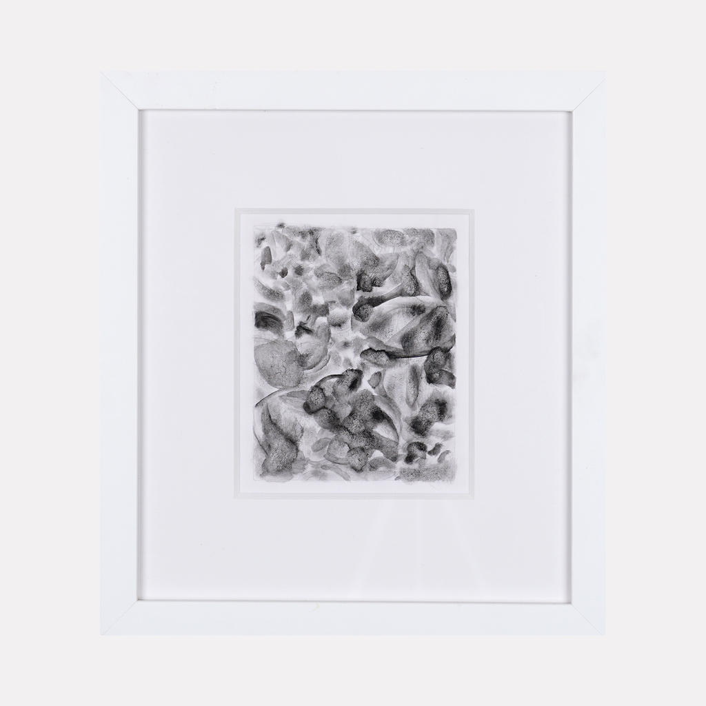 The artwork 'Pathways' by Diana Naccarato features abstract flowing forms rendered in charcoal and pencil, creating dynamic monochromatic patterns with varying shades of gray. The composition showcases organic, interweaving shapes that suggest movement and depth within a white matted frame. The 11x10 inch drawing demonstrates delicate mark-making and fluid transitions between light and dark values.