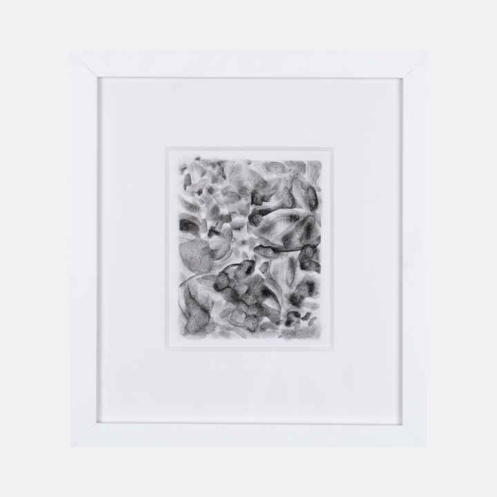 The artwork 'Pathways' by Diana Naccarato features abstract flowing forms rendered in charcoal and pencil, creating dynamic monochromatic patterns with varying shades of gray. The composition showcases organic, interweaving shapes that suggest movement and depth within a white matted frame. The 11x10 inch drawing demonstrates delicate mark-making and fluid transitions between light and dark values.