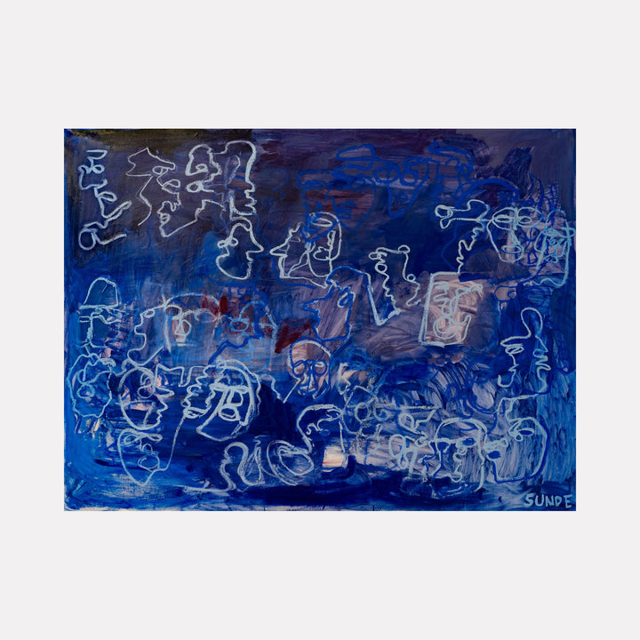 The artwork 'People Watching at the Met' by Chelsie Sunde features abstract silhouettes rendered in ethereal white lines against a deep cobalt blue background. The oil painting depicts flowing, interconnected forms suggesting a crowd of observers, with subtle touches of burgundy adding depth. The gestural brushwork creates a dreamy, atmospheric quality across the 61x81 inch canvas by Chelsie Sunde.