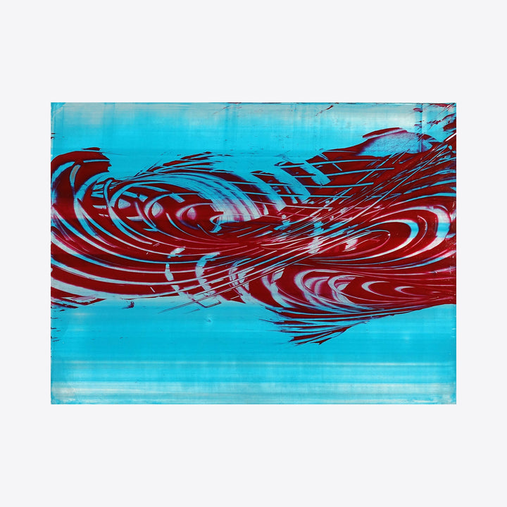 The artwork 'Pills for Breakfast 05' by John Cox features dynamic swirling patterns in bold crimson red against a vibrant turquoise background. The abstract composition showcases fluid, organic brushstrokes creating a sense of movement and energy across the 12x16 inch acrylic canvas, reminiscent of flowing water or wind patterns.