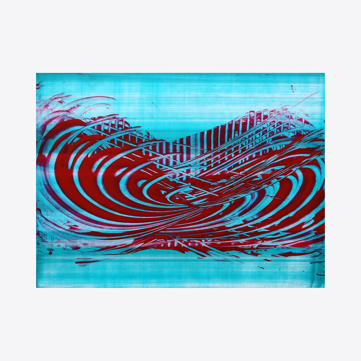The artwork 'Pills for Breakfast 06' features dynamic swirling patterns in vibrant red against a bright turquoise background. Abstract waves create a sense of movement across the canvas, with bold brushstrokes forming curved linear elements that ripple and interweave. This 12x16 inch acrylic painting combines modern design with fluid motion by John Cox.