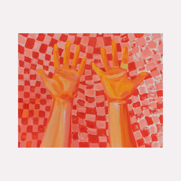 The artwork 'Pizza Hands' by Chelsie Sunde depicts two vibrant orange hands reaching upward against a checkered red and pink background. Oil on canvas painting showcases bold brushstrokes creating a dynamic composition with warm tones. The hands appear luminous and gestural against the geometric pattern, measuring 16 x 20 inches. By Chelsie Sunde.