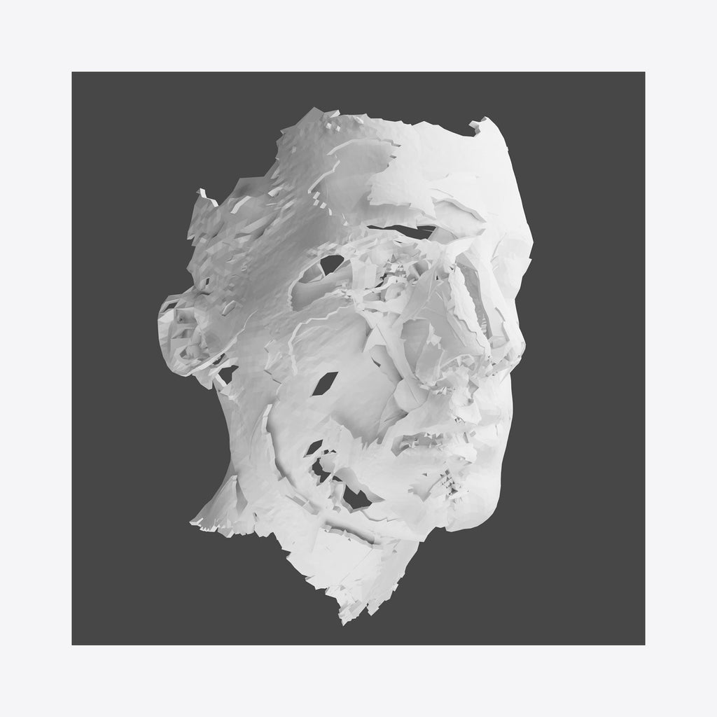 The artwork 'Portrait of B' by Sophie Kahn features a fragmented white 3D-printed sculpture against a dark background. Abstract and modernist in style, the textured surface shows rough, angular planes with dramatic shadows. The gesso-covered nylon form creates a striking monochromatic composition that explores themes of digital distortion and material transformation. By Sophie Kahn.