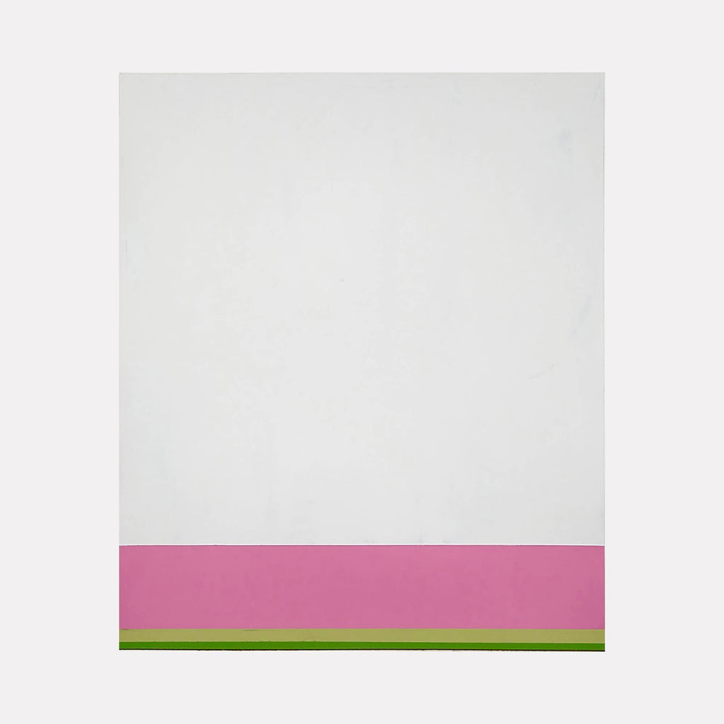 Portrait of a Magnolia by Debra Ramsay features a minimalist composition with a dominant white space above a bold horizontal pink band and thin green stripe at the bottom. The acrylic on paper artwork creates a serene, contemporary aesthetic through its color-blocked design, measuring 26 inches high by 14 inches wide. By Debra Ramsay.