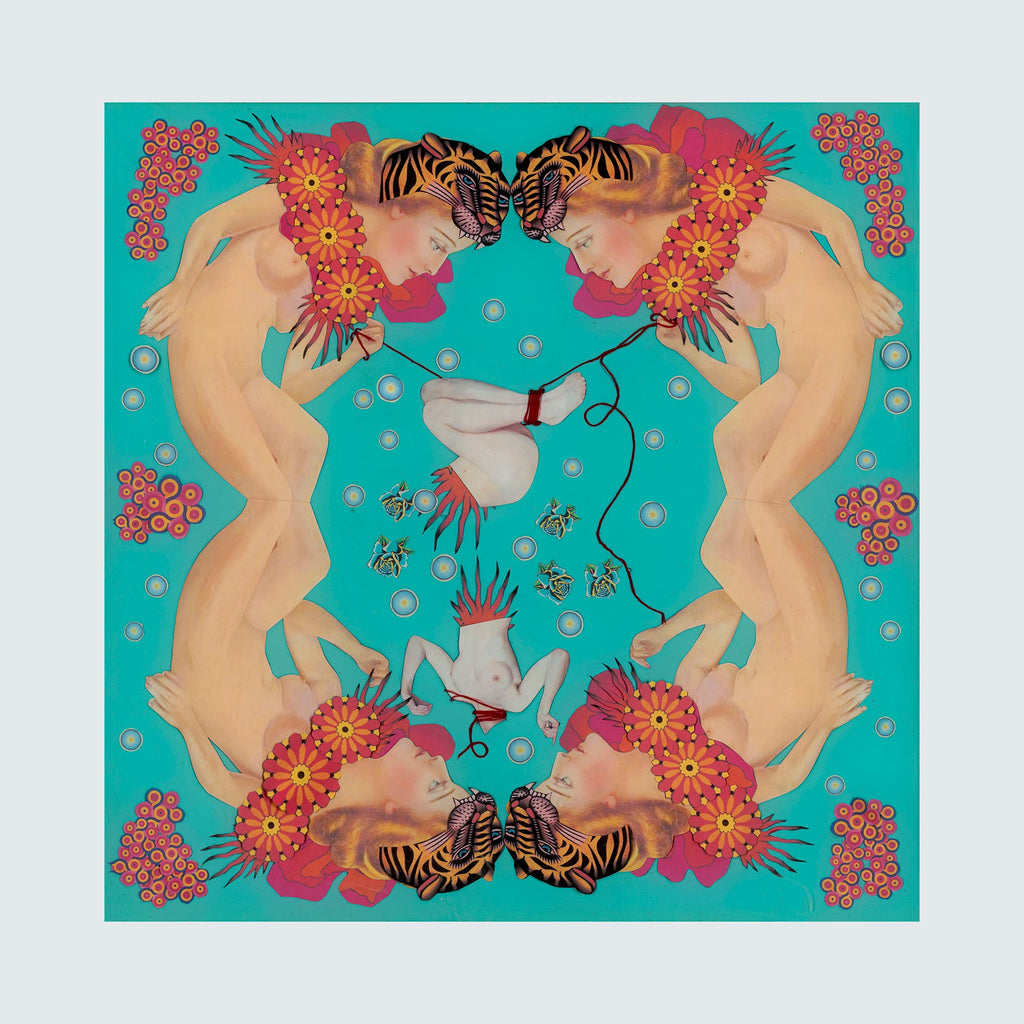 The artwork 'Pressure' by Chelsea Amato features a symmetrical mixed media collage on turquoise background, showcasing mirrored figures adorned with vibrant coral flowers and tiger-print elements. A kaleidoscopic composition with circular bubble motifs and delicate floral patterns creates a surreal, dreamlike aesthetic. The 30x30 inch piece combines digital art with traditional collage techniques.