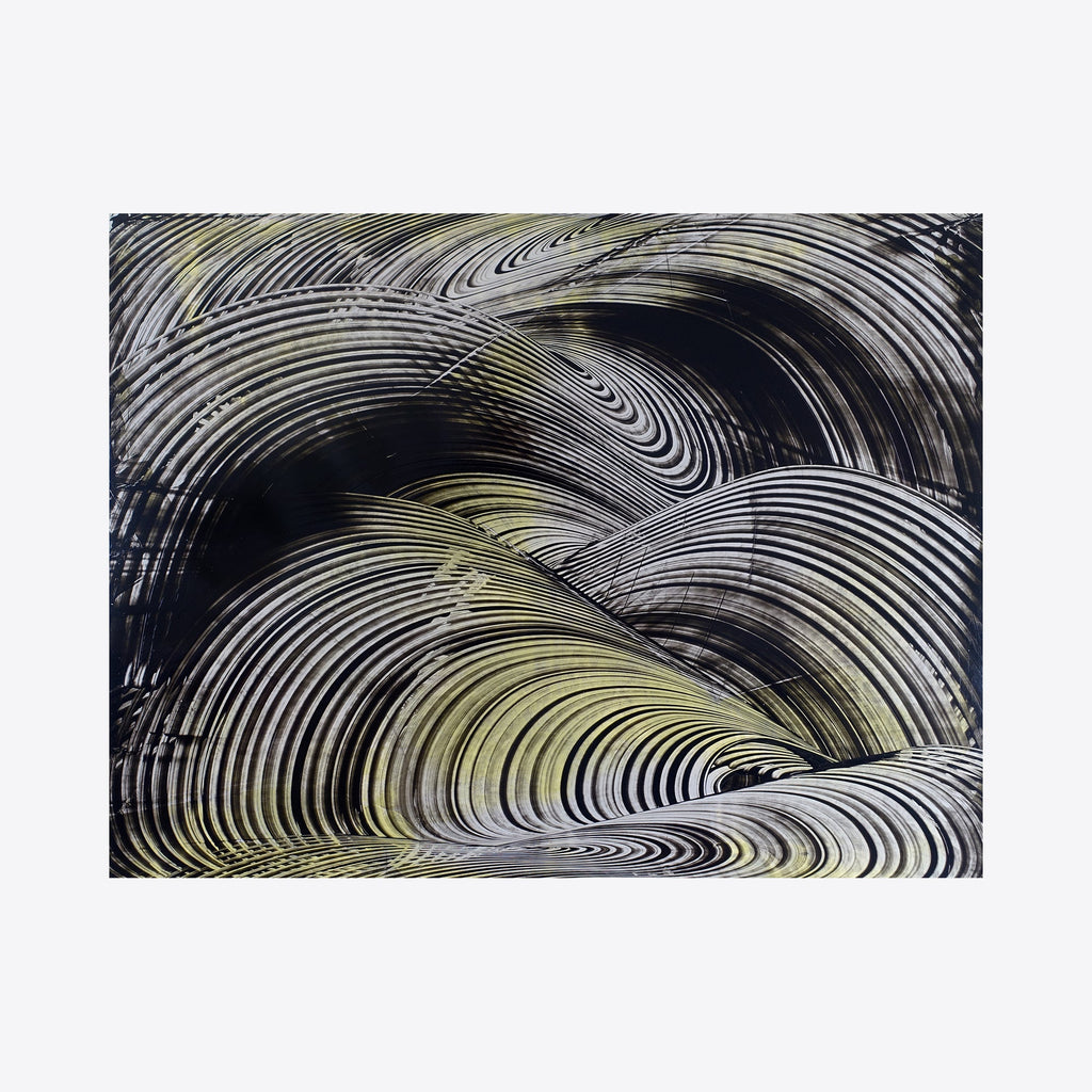 The artwork 'Propagation 02' by John Cox features dynamic swirling patterns in black and pale yellow, creating an abstract wave-like motion across the canvas. Concentric curved lines flow seamlessly, suggesting natural movement and energy, executed in acrylic paint with bold brushstrokes on a 32x42 inch canvas. Art by John Cox.