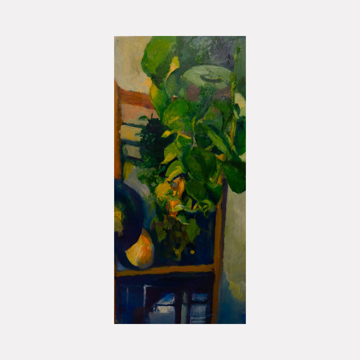 The artwork 'Prussian Night' by Darren Singer features vibrant green foliage cascading from above, contrasting against deep blue shadows and warm earth tones. Oil on birch wood painting captures a dramatic indoor plant scene with lush leaves and subtle yellow highlights, creating a moody interplay of natural and interior elements. 48x24 inches.
