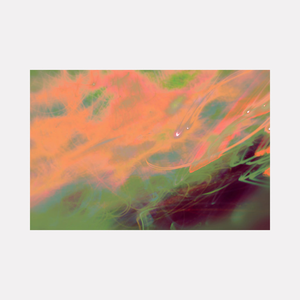 The artwork 'Quantum Physics 006' by Chunbum Park features ethereal swirls of coral orange and sage green merging in a dreamlike abstract composition. Fluid lines create a dynamic motion across the digital photograph, with subtle luminous highlights and deep purple shadows adding depth. The atmospheric effect suggests microscopic quantum movements captured in stunning detail.
