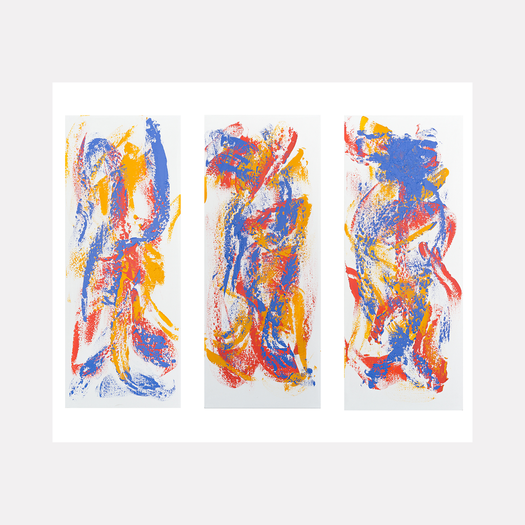The artwork 'Running - 3 Panels' by Cole Douglas features dynamic abstract expressionist triptych in vibrant blue, orange, and red acrylic on canvas. Each panel displays energetic brushstrokes and textural elements suggesting movement and fluidity, with bold color contrasts creating a sense of motion across the three 40x16 inch canvases.