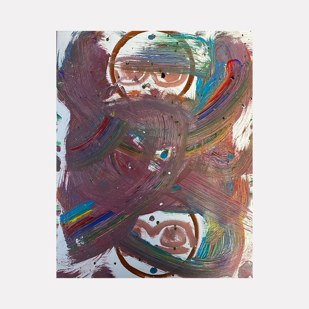 The artwork 'Rainbow Body' by Dom Hiddo features dynamic swirling brushstrokes in deep burgundy, turquoise, and copper tones. Abstract circular forms emerge through layers of expressive acrylic paint, creating a sense of movement and depth. Bold gestural marks and color transitions suggest an ethereal, fluid composition in this 20x16 inch contemporary painting by Dom Hiddo.