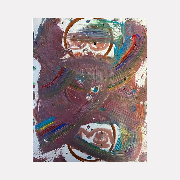 The artwork 'Rainbow Body' by Dom Hiddo features dynamic swirling brushstrokes in deep burgundy, turquoise, and copper tones. Abstract circular forms emerge through layers of expressive acrylic paint, creating a sense of movement and depth. Bold gestural marks and color transitions suggest an ethereal, fluid composition in this 20x16 inch contemporary painting by Dom Hiddo.