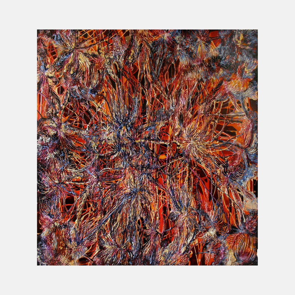 The artwork 'Rampage' by Seren Morey features explosive starburst patterns in vibrant orange and deep indigo, created with textured encaustic and urethane. Abstract firework-like formations radiate from multiple focal points, creating a dynamic composition with intricate layered details, rich dimensional texture, and intense color contrasts by Seren Morey.