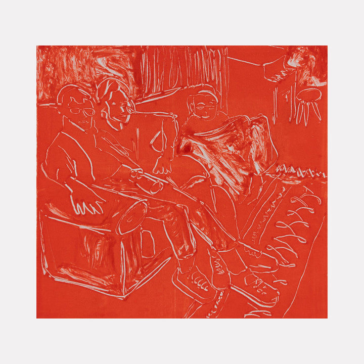 The artwork 'Red Living Room II' by Chelsie Sunde features a monotype print in vibrant red with white line drawings depicting a casual living room scene. The composition shows figures in a relaxed setting, with loose, expressive brushstrokes creating a sense of movement and intimacy. The 8.5x8 inch print employs minimal color and bold contrast for dramatic effect.