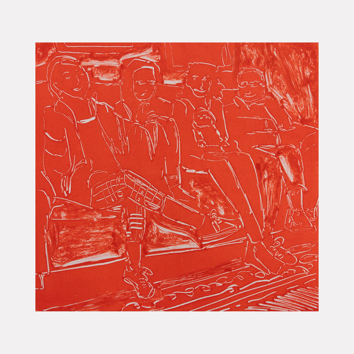 The artwork 'Red Living Room III' by Chelsie Sunde depicts a monotype print in vibrant red hues showing outlines of figures seated in a living room setting. The composition features loose, expressive line work against a solid red background, creating a contemporary minimalist aesthetic. 8.5x8 inches print showcases abstract forms and negative space. By Chelsie Sunde.