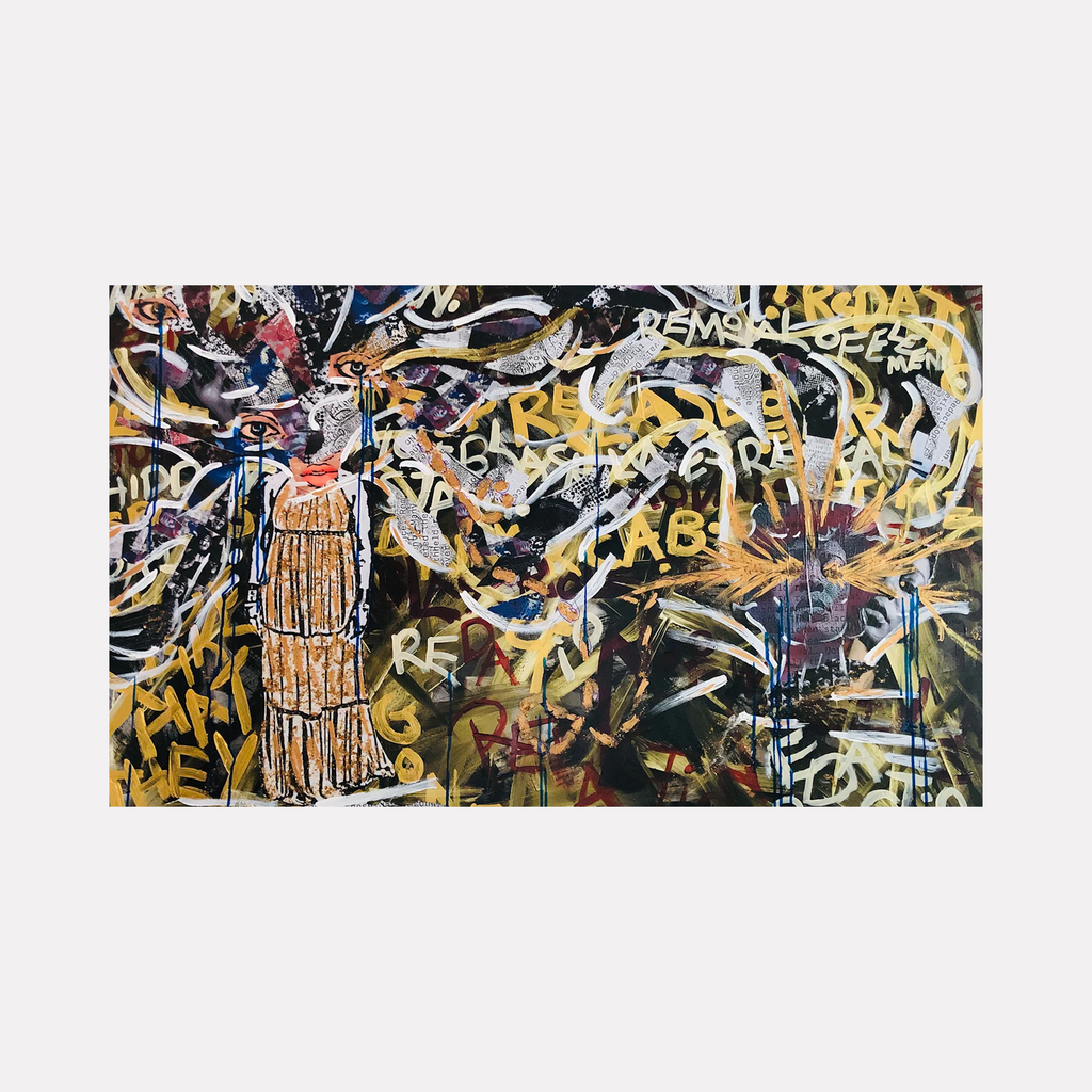 The artwork 'Redaction(s)' by Courtney Minor features a dynamic collage composition with a prominent sepia-toned architectural element resembling a classical column against a chaotic background of graffiti-style marks. Bold yellow and black abstract patterns swirl throughout the canvas, creating layers of urban textures and energetic brushstrokes. The mixed-media piece combines traditional imagery with street art aesthetics. 30x40 inches collage 