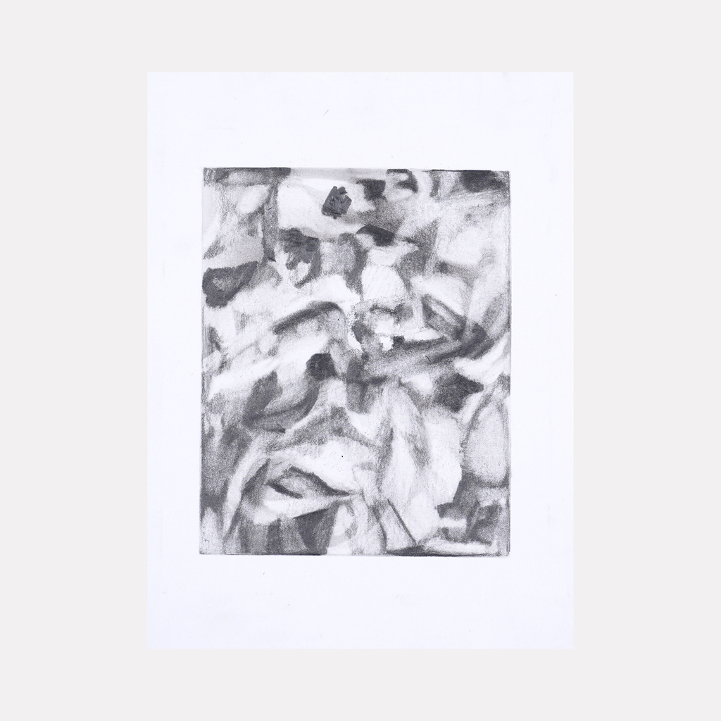 The artwork 'Reflections' by Diana Naccarato features abstract organic shapes rendered in graphite pencil, creating a dynamic interplay of light and shadow. Flowing curves and soft gradients merge to form an ethereal composition, with varying tones of grey sweeping across the 8x6 inch paper surface, framed in white.