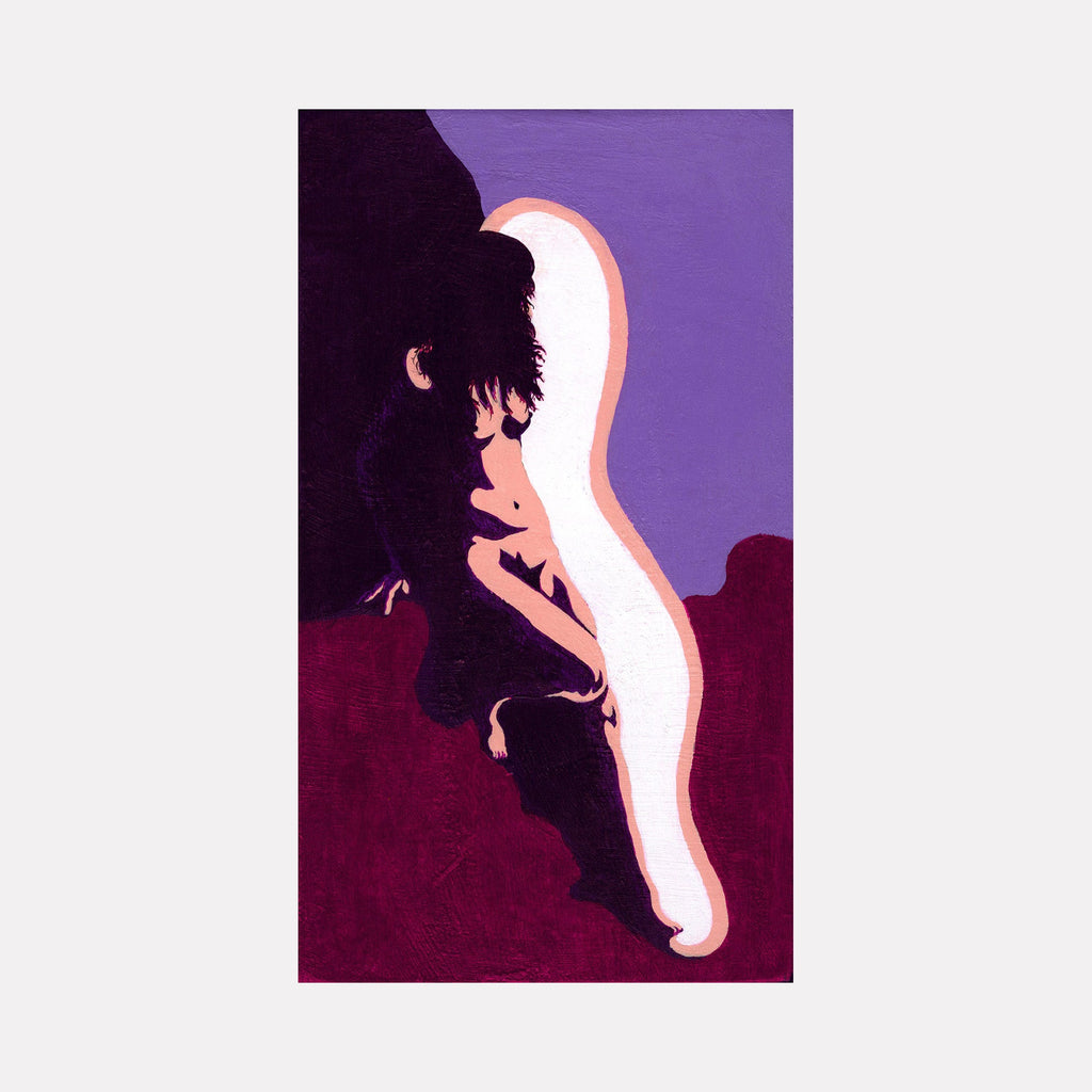 The artwork 'Resurrection of Love Birth' by Damon Powell features a striking silhouette against a purple background, with a luminous white curved line creating contrast. The composition uses deep burgundy and black tones, creating a minimalist abstract design on wood panel painted with acrylic, measuring 16x11 inches.