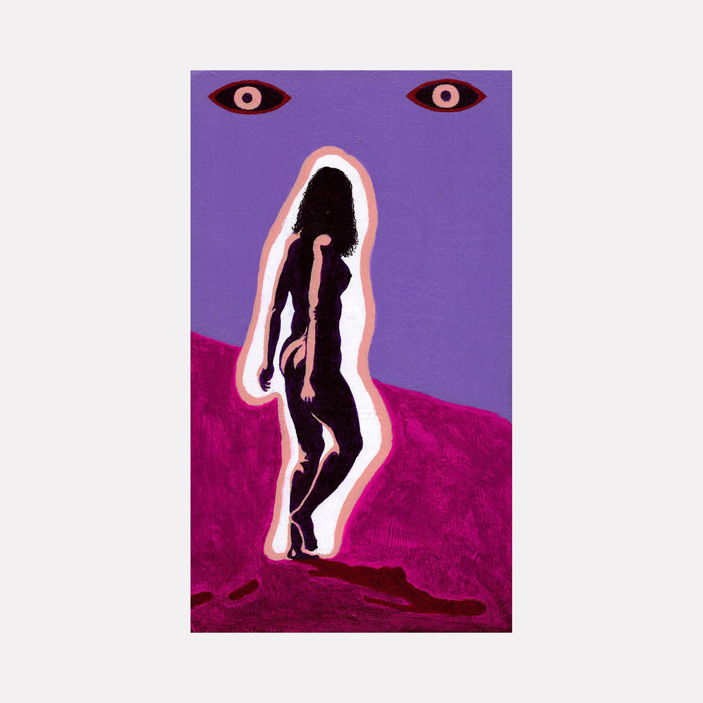 The artwork 'Resurrection of Love Resurrection' by Damon Powell features a silhouetted figure outlined in luminous white against a vibrant purple background. Two stylized red eyes float at the top of the composition, while the figure stands on a deep magenta ground. The acrylic on wood painting combines bold color contrasts and surrealist elements in a 16x11 inch format.