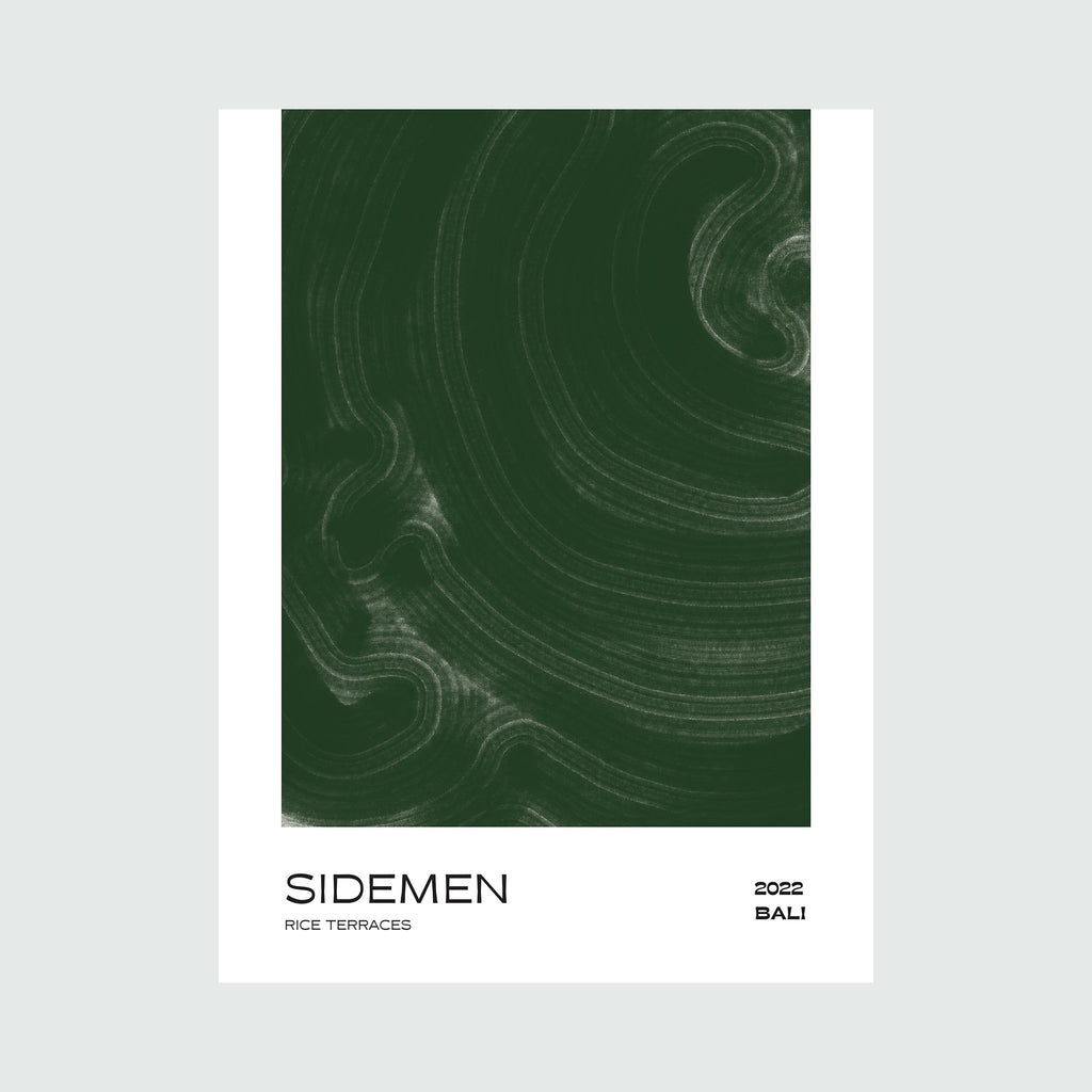 The artwork 'Rice Terrace Bali Sidemen' by Alina Glotova features abstract curved lines in white chalk-like texture against a deep forest green background, creating a minimalist topographical representation of Bali's famous terraced rice fields. The flowing organic patterns suggest the natural contours and layers of agricultural landscapes, rendered in a modern minimalist style, 40x30 inches print.