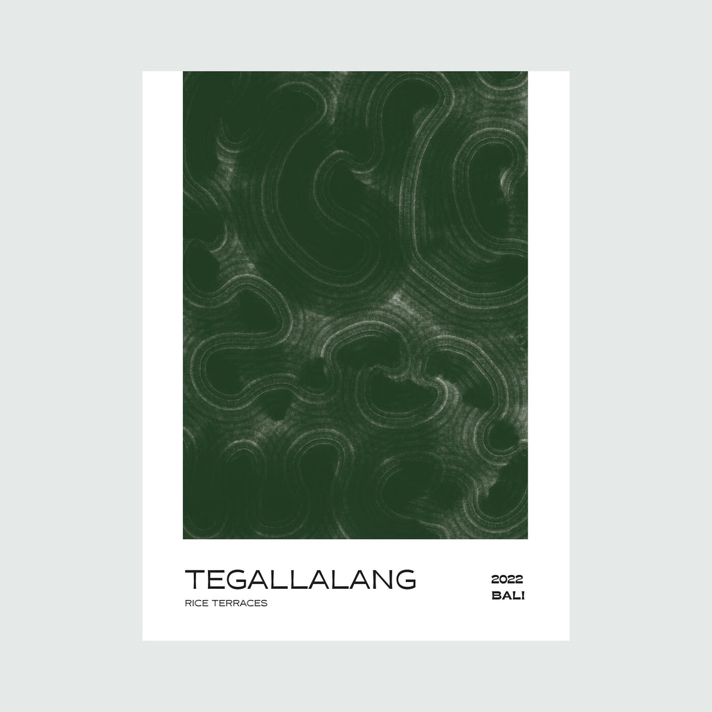 The artwork 'Rice Terrace Bali Tegallalang' by Alina Glotova features abstract swirling patterns in muted white brushstrokes against a deep forest green background, capturing the organic curves and terraced landscapes of Bali's famous rice fields in a minimalist, contemporary style, 40x30 inches unframed print.