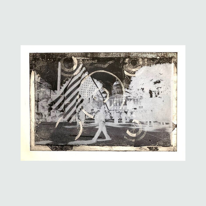 The artwork 'Capitol Target' by Margaret Roleke features a black and white etching with silkscreen technique, depicting abstract figures against a distressed background with geometric patterns and stripes. The composition combines architectural elements with dynamic linear forms in a monochromatic palette creating a vintage-inspired aesthetic.