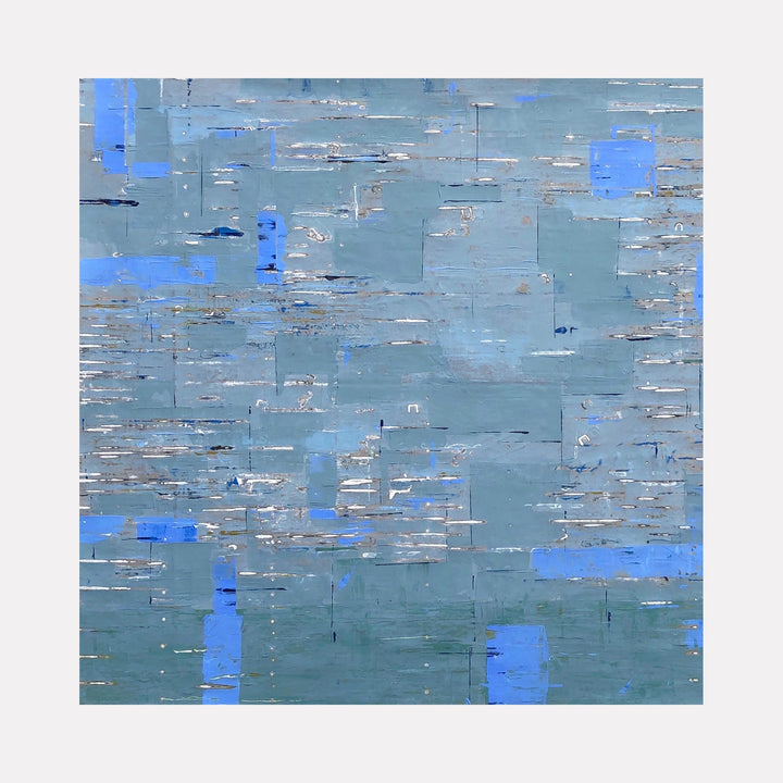 The artwork 'Roof Tops' by Shira Toren features an abstract composition of layered blues and grays, creating a textured cityscape effect. The 30x30 inch print displays a mosaic-like pattern with horizontal streaks in pale blue, cobalt, and silver tones, suggesting an aerial view of urban architecture with a modern, minimalist approach by Shira Toren.