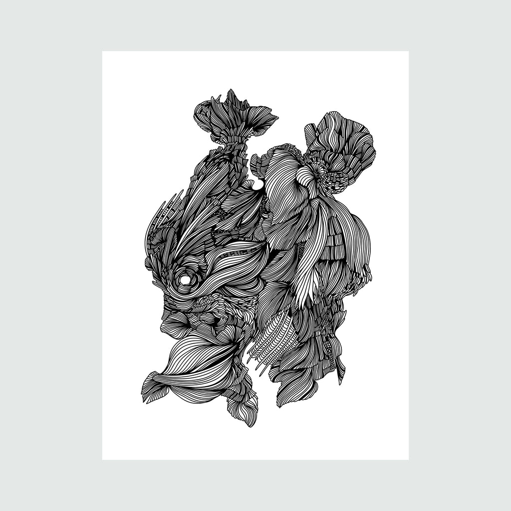 Running Rabbit Linear Drawing by Alina Glotova features an intricate black and white illustration of a rabbit composed of flowing, organic line work. The design showcases detailed overlapping curves and waves creating a dynamic, abstract interpretation of a rabbit's form through ornate linear patterns and delicate strokes.