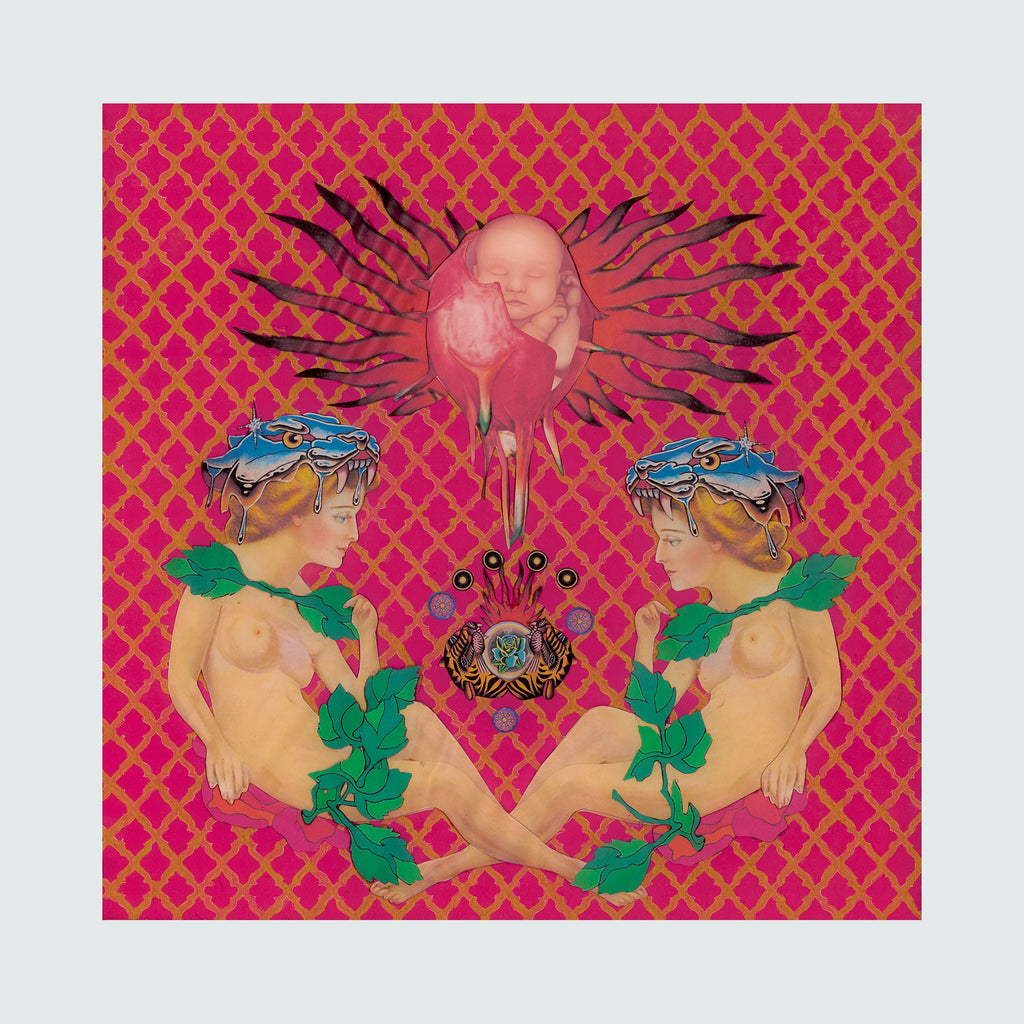 The artwork 'Sacred Child' features a symmetrical mixed media collage on a vibrant pink geometric lattice background. Two classical cherub figures adorned with blue crowns and green foliage flank a central radiating design. A glowing pink form emanates outward in dark rays, positioned above an ornate decorative element. The composition blends Renaissance-inspired imagery with contemporary pop art aesthetics. By Chelsea Amato.