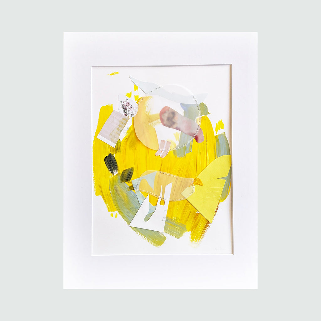 The artwork 'Saturday' by Linden Eller features a vibrant hand-sewn collage combining bright yellow brushstrokes with subtle sage green accents. Abstract paper elements in white and gray float across the composition, creating dynamic movement. The mixed media piece showcases textural contrasts between acrylic paint and delicate paper fragments, matted in clean white. By Linden Eller.
