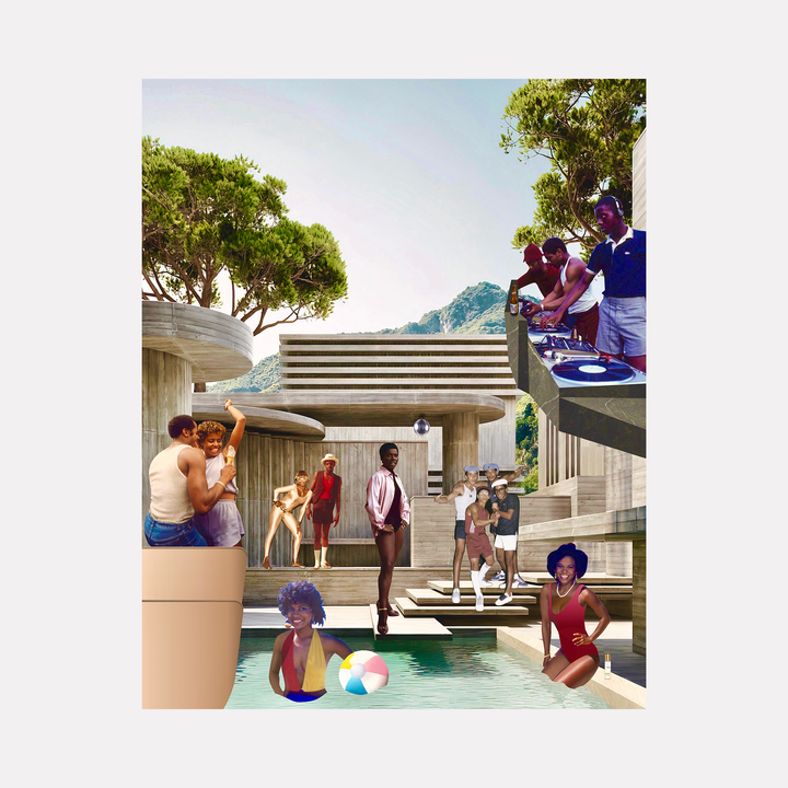 The artwork 'Saturday Love' by Katasi Kulubya depicts a vibrant summer pool scene with modernist concrete architecture, featuring people enjoying leisure activities around a swimming pool. The composition includes geometric stairs, lush green trees, and mountains in the background. A colorful beach ball floats in the turquoise water amid the retro-inspired digital collage aesthetic, showcasing a blend of vintage and contemporary elements. By Kata
