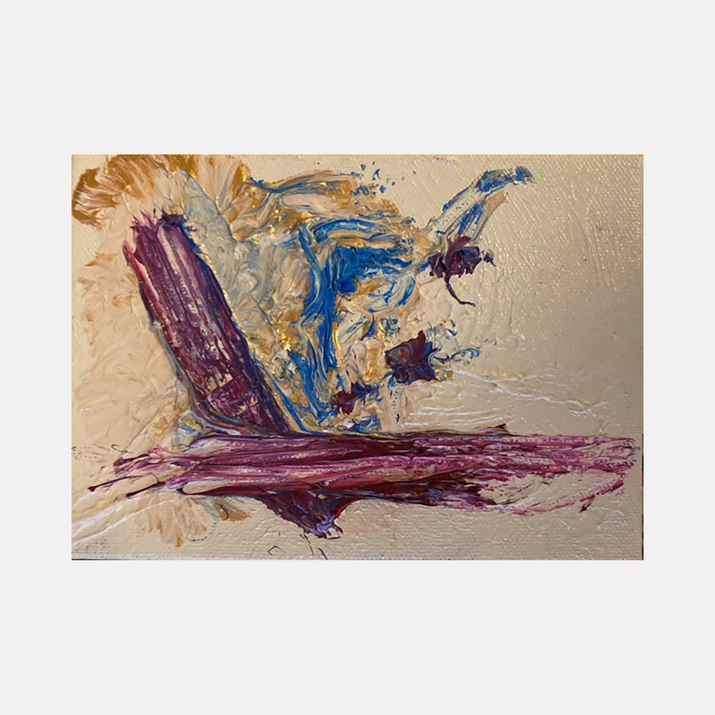 The artwork 'Seated Woman' by Dom Hiddo features bold abstract brushstrokes in vibrant purple and electric blue against a warm beige background. The textured composition combines acrylic and oil paint, creating dynamic movement through expressive strokes. The 5x7 inch piece showcases impasto technique with thick paint application and energetic gestural marks by Dom Hiddo.