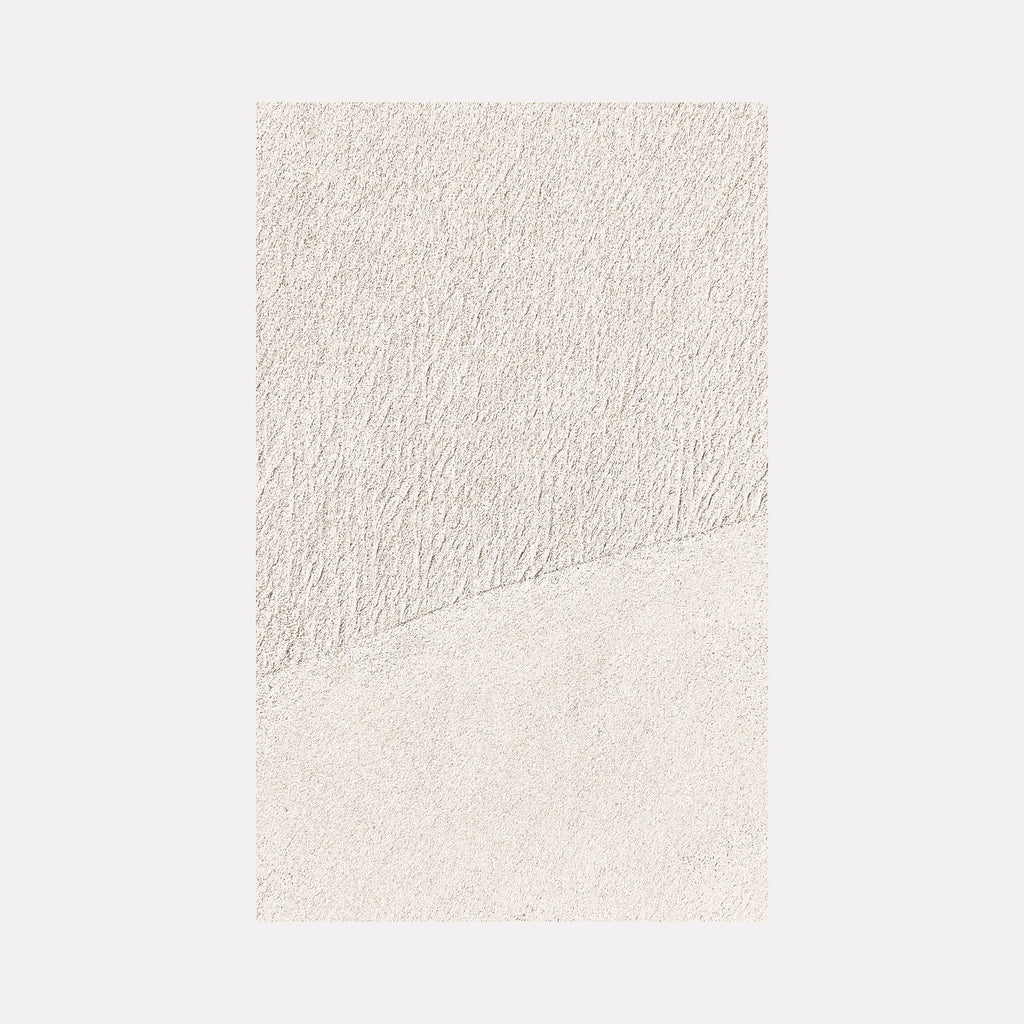 The artwork 'Serenity #1' by Fabienne Sowa-Dobkowski features a minimalist composition with subtle textural contrasts in cream and off-white tones. The image is divided diagonally, creating two distinct areas with different surface textures - one grainy and one smooth, evoking a sense of tranquility through its monochromatic palette.