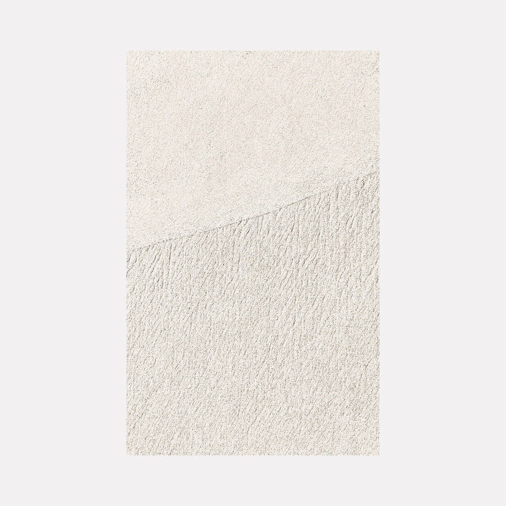 The artwork 'Serenity #2' by Fabienne Sowa-Dobkowski features a minimalist composition in soft ivory tones, showcasing a subtle diagonal divide with textured surfaces reminiscent of natural stone or paper. The meta print photograph captures delicate variations in texture and shadow, presented in a clean inset frame with wire mounting.