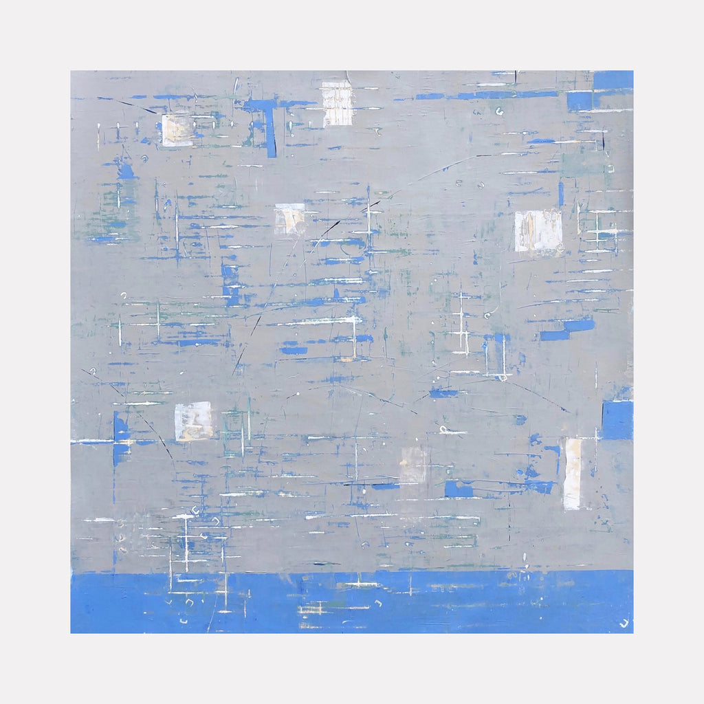 The artwork 'Sheltering Sky' by Shira Toren features a minimalist abstract composition with a striking horizon line dividing cool gray and vibrant blue sections. White geometric shapes scatter across the textured gray surface, complemented by touches of cerulean blue, created using Venetian plaster pigment on canvas.