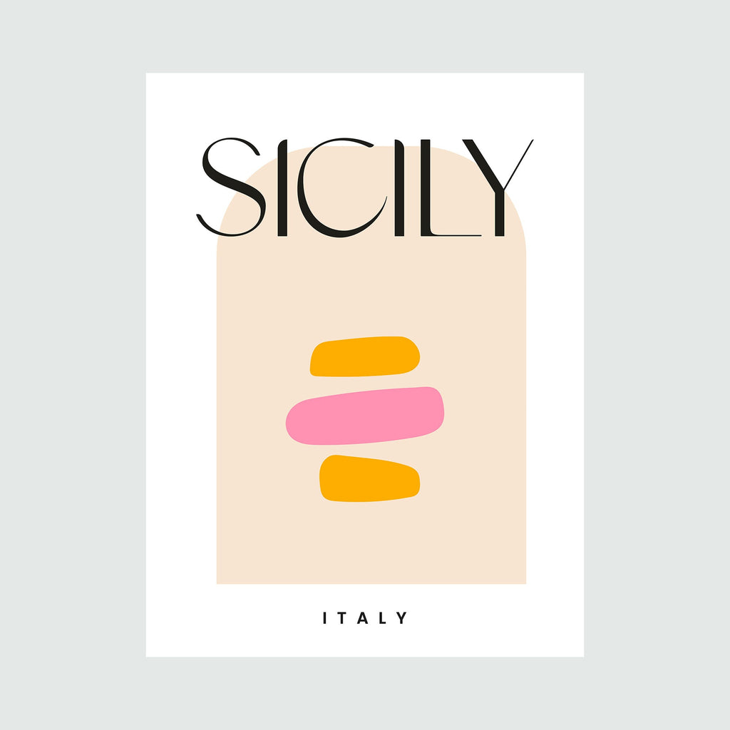 Sicily Travel Poster by Alina Glotova features minimalist abstract design with bold typography on cream background. Three horizontal shapes in marigold yellow and rose pink create a centered geometric composition. Clean serif font spells SICILY at top and ITALY at bottom in classic black letterforms. Modern art print style perfect for home decor.