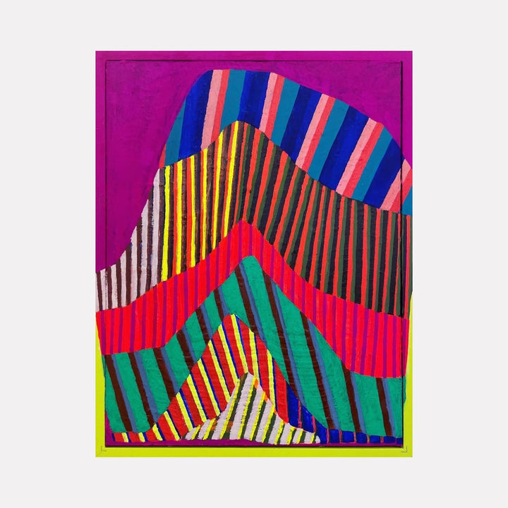 The artwork 'Slow Uplift' by Natalie Lanese features vibrant geometric waves in bold stripes of red, blue, yellow, and green against a magenta background. Abstract pattern creating dynamic movement through alternating vertical and diagonal lines. Mounted in a found frame, combining Flashe, DayGlo and oil paint mediums on paper.