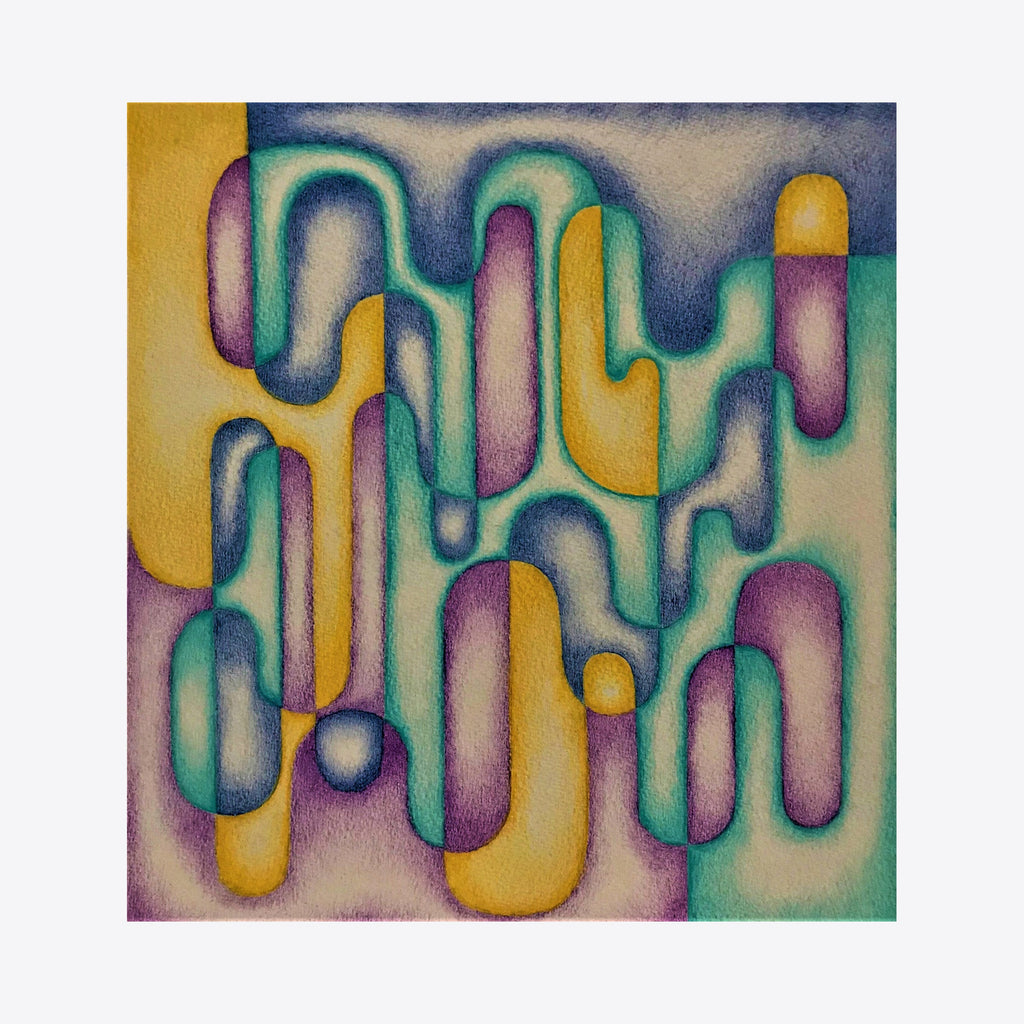The artwork 'Snazzy Snare' by Joe Piscopia features flowing, abstract organic shapes in vibrant turquoise, purple, and golden yellow. The colored pencil illustration creates a dreamlike pattern of interlocking curved forms on watercolor paper, displaying a harmonious blend of soft edges and subtle color transitions in an 8x8 inch composition.