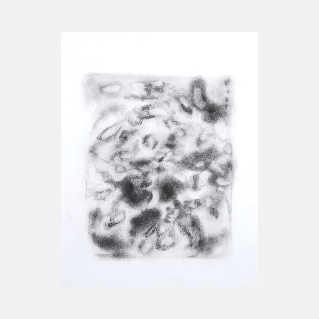 The artwork 'Soul Away' by Diana Naccarato features abstract swirling patterns in charcoal and pencil, creating a dreamy, ethereal composition of light and dark grayscale tones. The smoky textures blend seamlessly, suggesting fluid movement across the paper, framed in a minimalist style. 8x6 inches. Original artwork by Diana Naccarato.