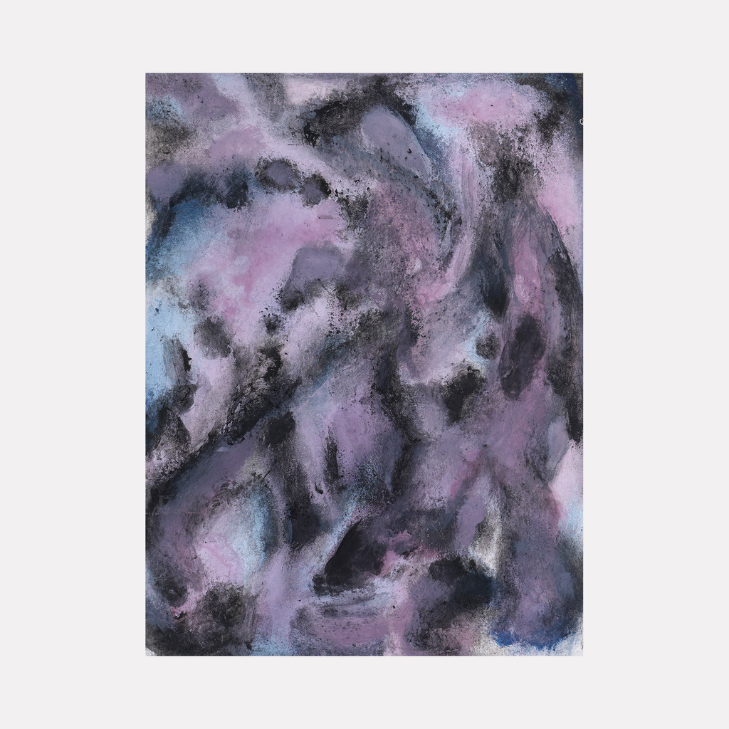 The artwork 'Soul Away' by Diana Naccarato features ethereal swirls of lavender, blue, and black acrylic paint blended with textural clay elements. Abstract brushstrokes create a misty, dreamlike atmosphere with deep shadows and luminous highlights, evoking a mystical mood through its fluid organic forms and layered composition.
