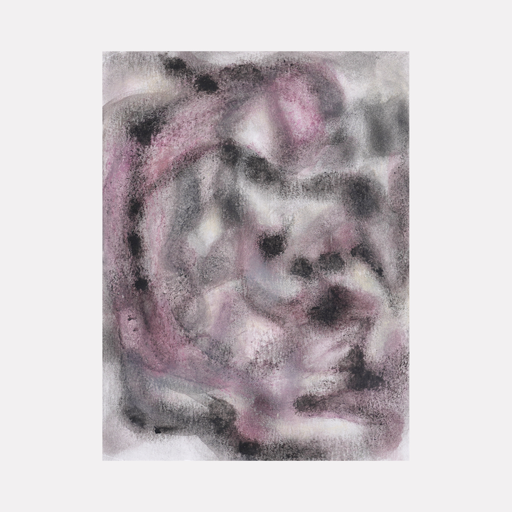 The artwork 'Soul Away (3)' by Diana Naccarato features ethereal swirls of muted pink and charcoal grey creating an abstract, dreamlike composition. The acrylic and clay medium creates textural depth, with smoky wisps and fluid movements across the paper, suggesting emotional expression through delicate color transitions and atmospheric effects.